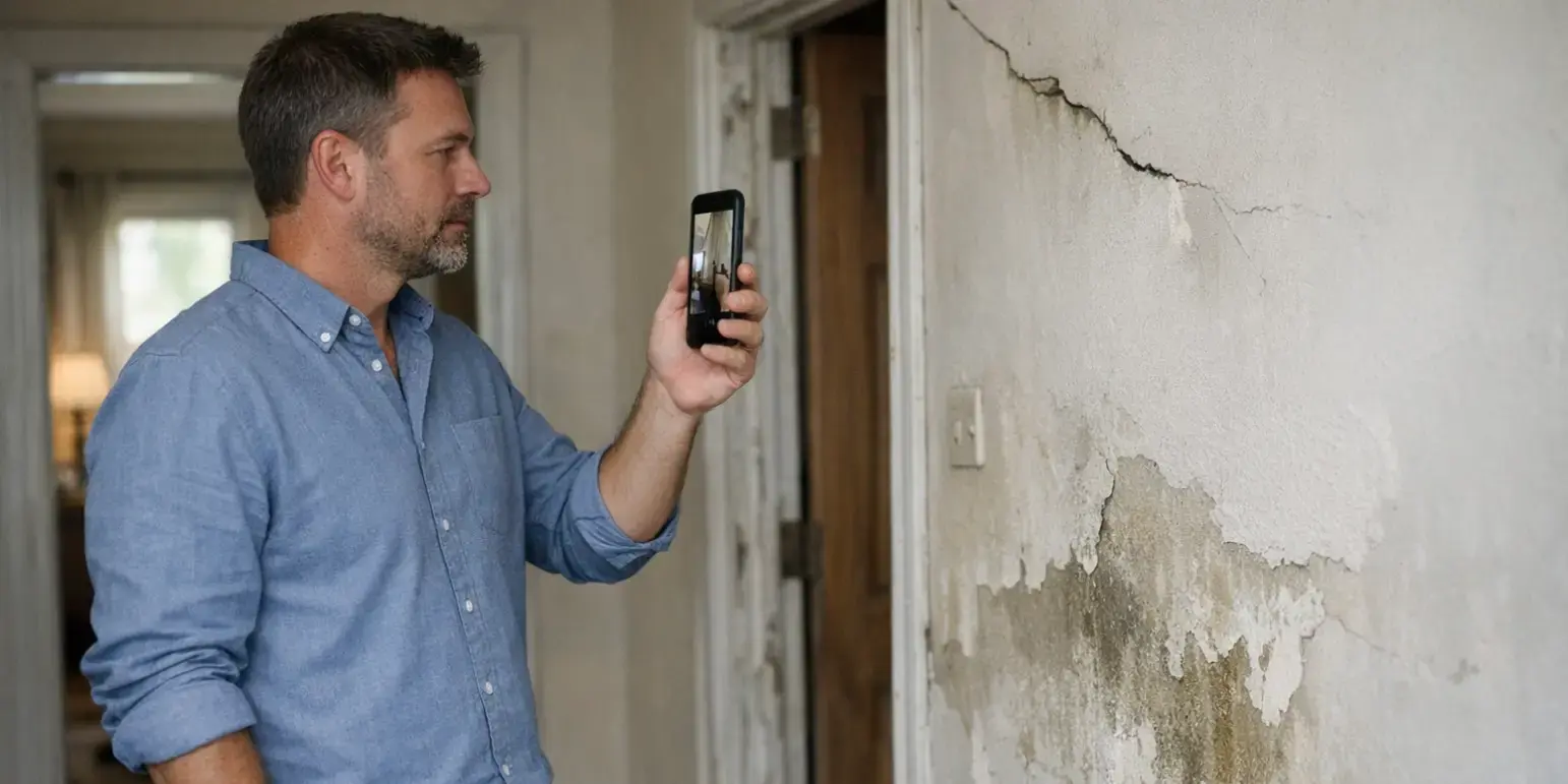 Hombre inspeccionando una casa mientras graba video con su smartphone para documentar desperfectos. Está de pie en el interior de la vivienda, enfocando detalles como grietas en la pared, humedad, pintura dañada o acabados deteriorados