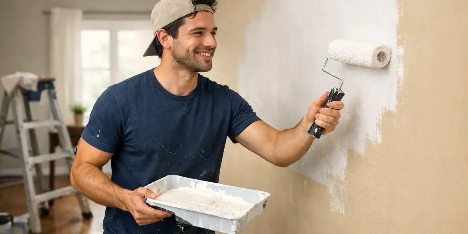 Hombre joven pintando las paredes de su casa propia