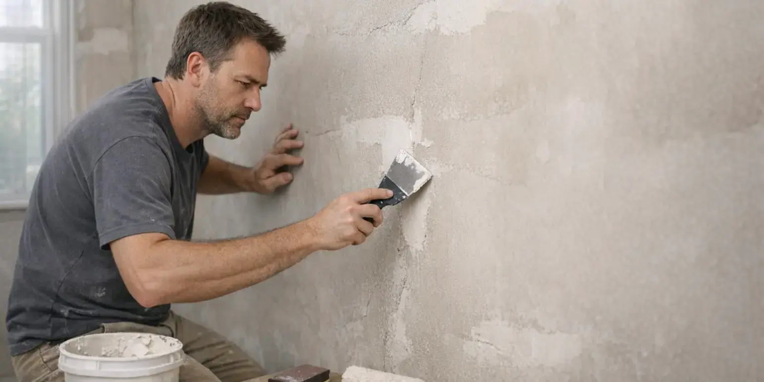 Hombre reparando y resanando las paredes de su casa, aplicando masilla o yeso con una espátula sobre grietas o imperfecciones
