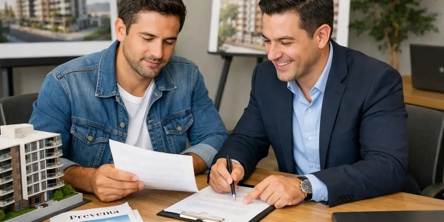 Hombre revisando con un asesor inmobiliario los documentos para comprar en preventa