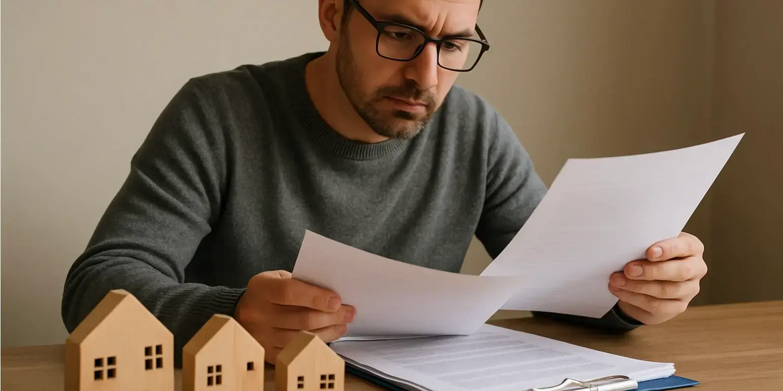 Hombre revisando documentos en un escritorio y hay unas casas de madera
