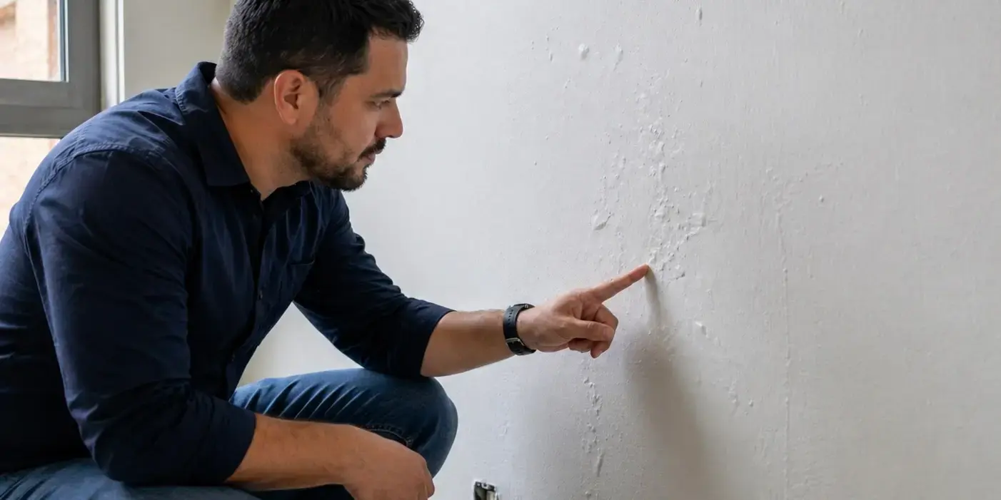 Hombre revisando que la pintura de la pared tiene burbujas y marcas