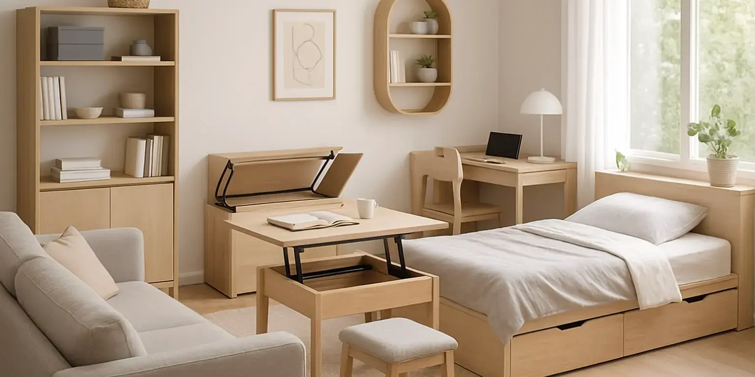 Imagen de un hogar moderno y ordenado con muebles multifuncionales