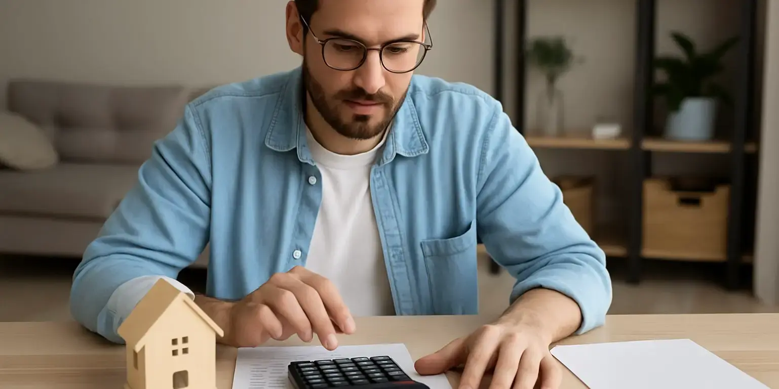 Imagen de un hombre sacando cuentas con una calculadora para revisar los gastos totales de comprar una casa