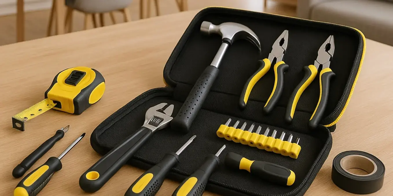 Imagen de un kit de herramientas básicas sobre una mesa