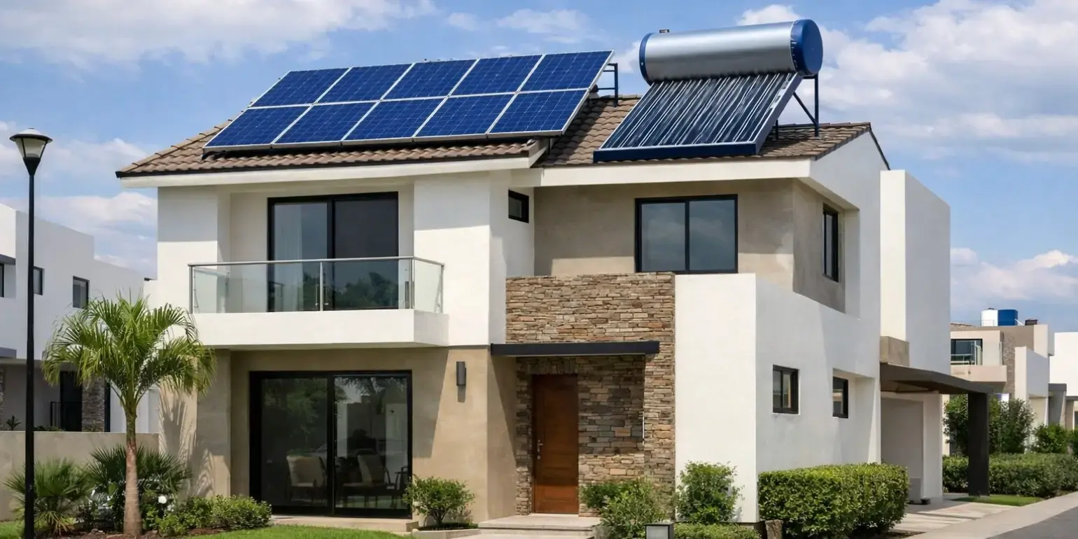 Imagen de una casa con paneles solares y un calentador solar en un desarrollo residencial