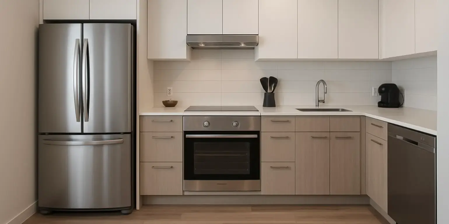 Imagen de una cocina moderna con disposicion logica de muebles y electrodomesticos sin obstaculos