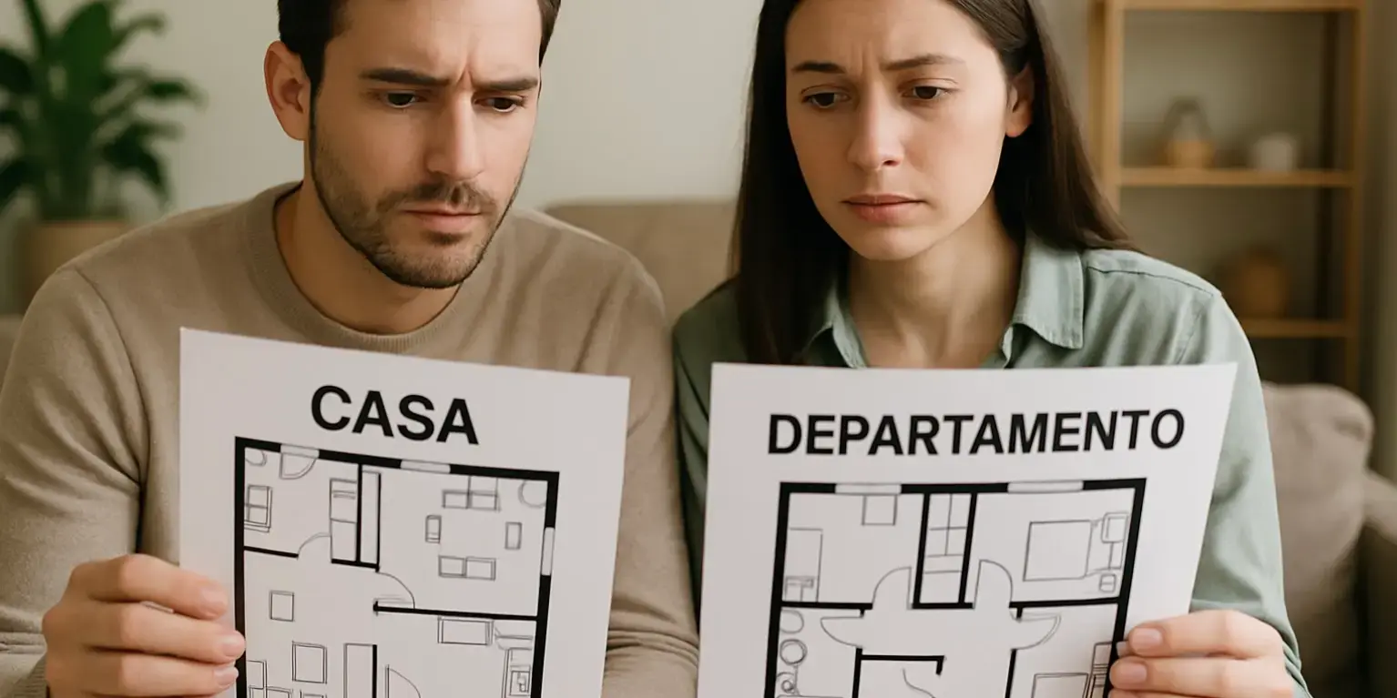 Imagen de una pareja comparando planos de una casa y un departamento