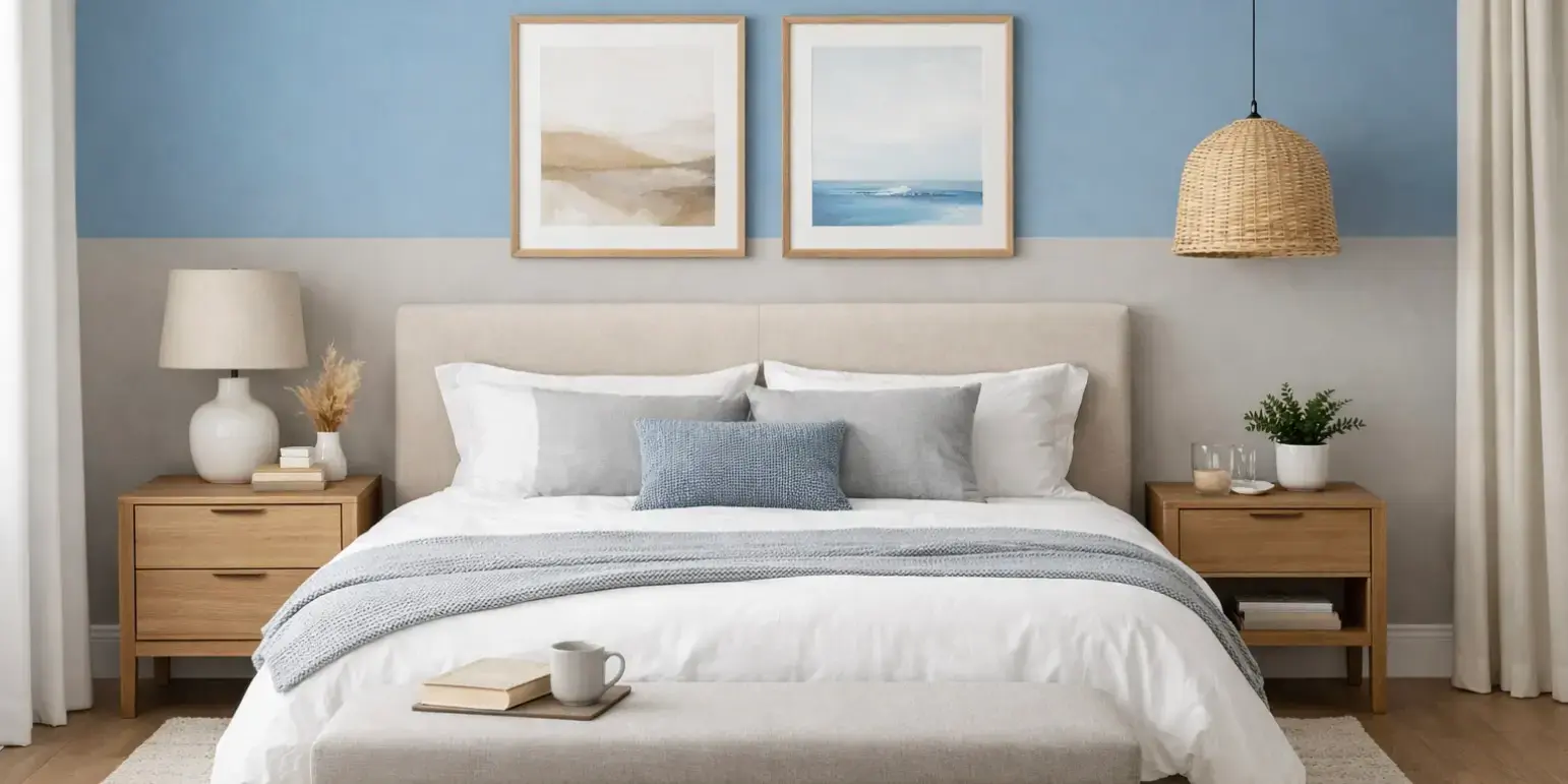Imagen de una recamara con tonos en la pared azul suavem gris calido
