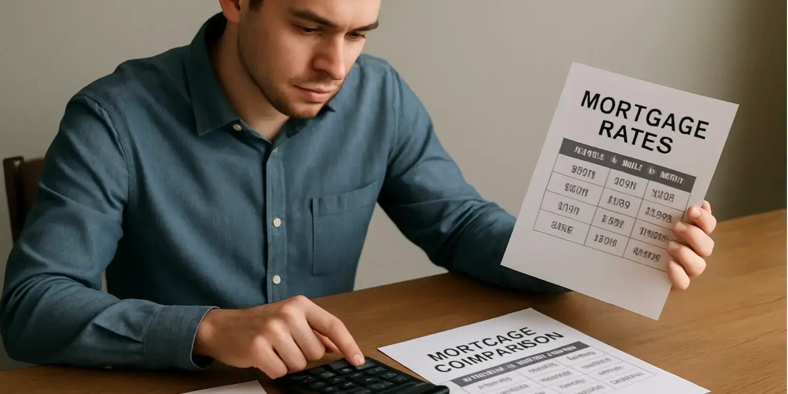 Joven revisando comparativas de tasas y bancos hipotecarios sobre una mesa y con una calculadora