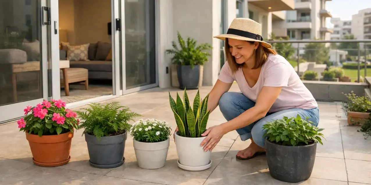 Mujer acomodando unas macetas en la terraza de su casa para crear un jardin