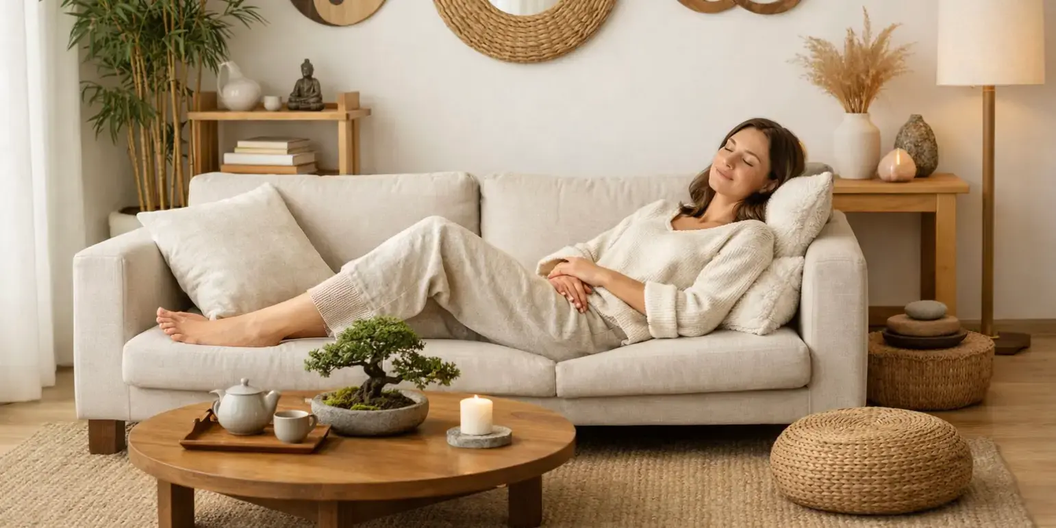 Mujer descansando tranquilamente en la sala de su casa con decoracion feng shui minimalista