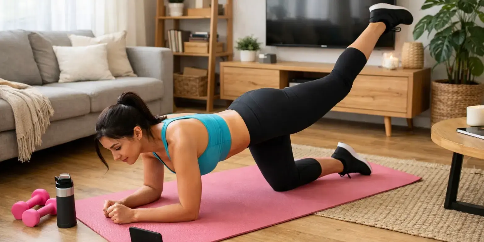 Mujer realizando ejercicio en la sala de su casa