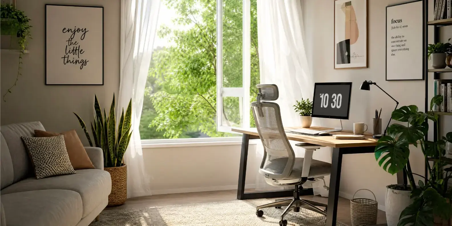 Oficina en casa armoniosa y bien diseñada, con plantas naturales que aportan frescura y vida al espacio. Predominan los colores neutros (blancos, beige, grises) con pequeños acentos de color en la decoración.
