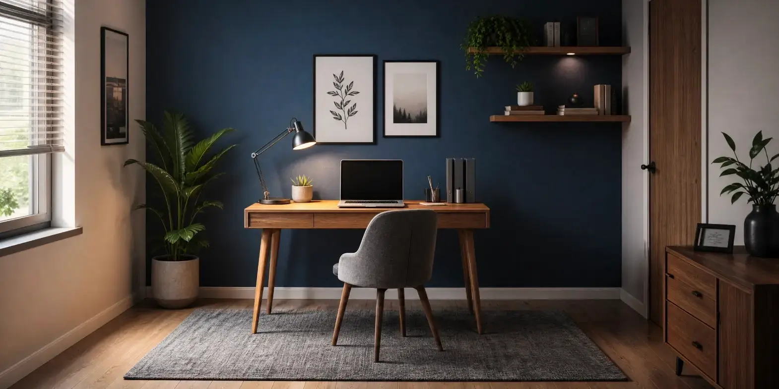Oficina en casa bien definida dentro de una habitación, con un tapete delimitando claramente la zona de trabajo.