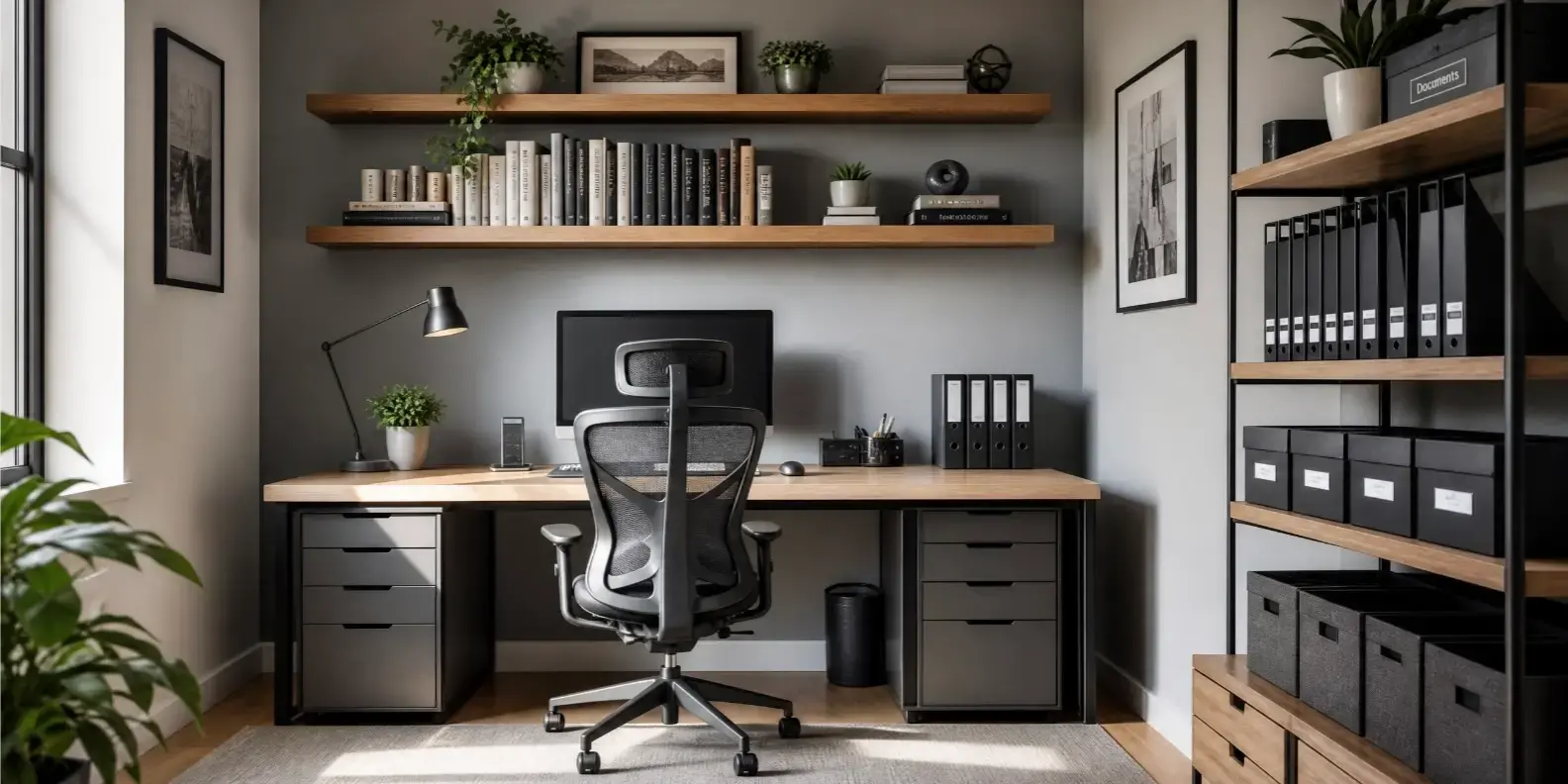 Oficina en casa moderna y bien organizada, con escritorio funcional y silla ergonómica. En la pared hay repisas flotantes con libros y decoración minimalista.