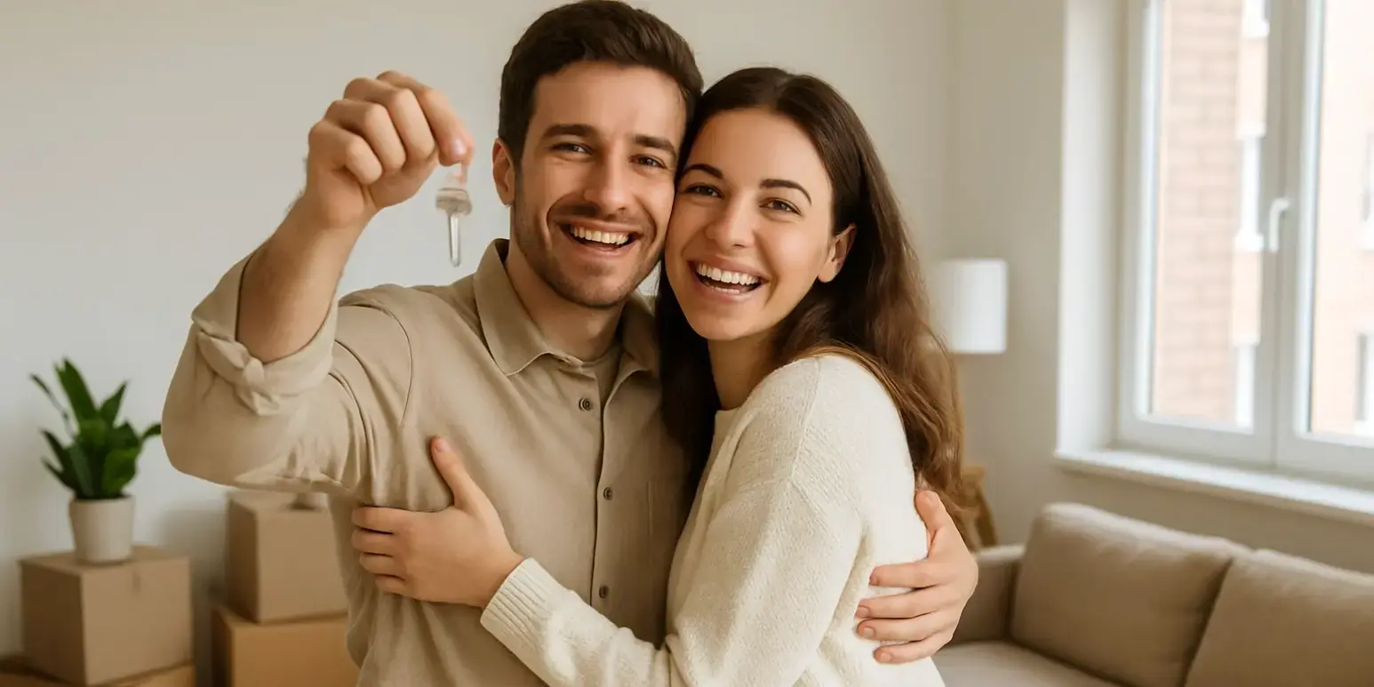 Pareja abrazada feliz en la sala de su nueva casa y sosteniendo unas llaves