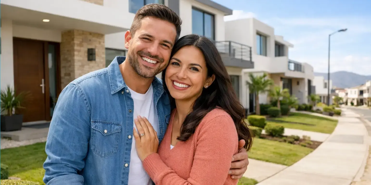 Pareja feliz afuera de su nueva casa en un desarrollo residencial