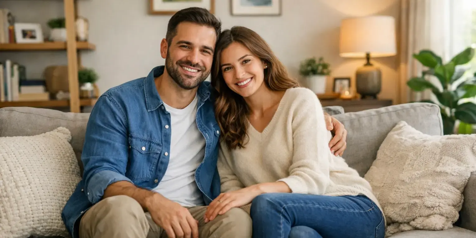 Pareja feliz sentada en la sala de su casa