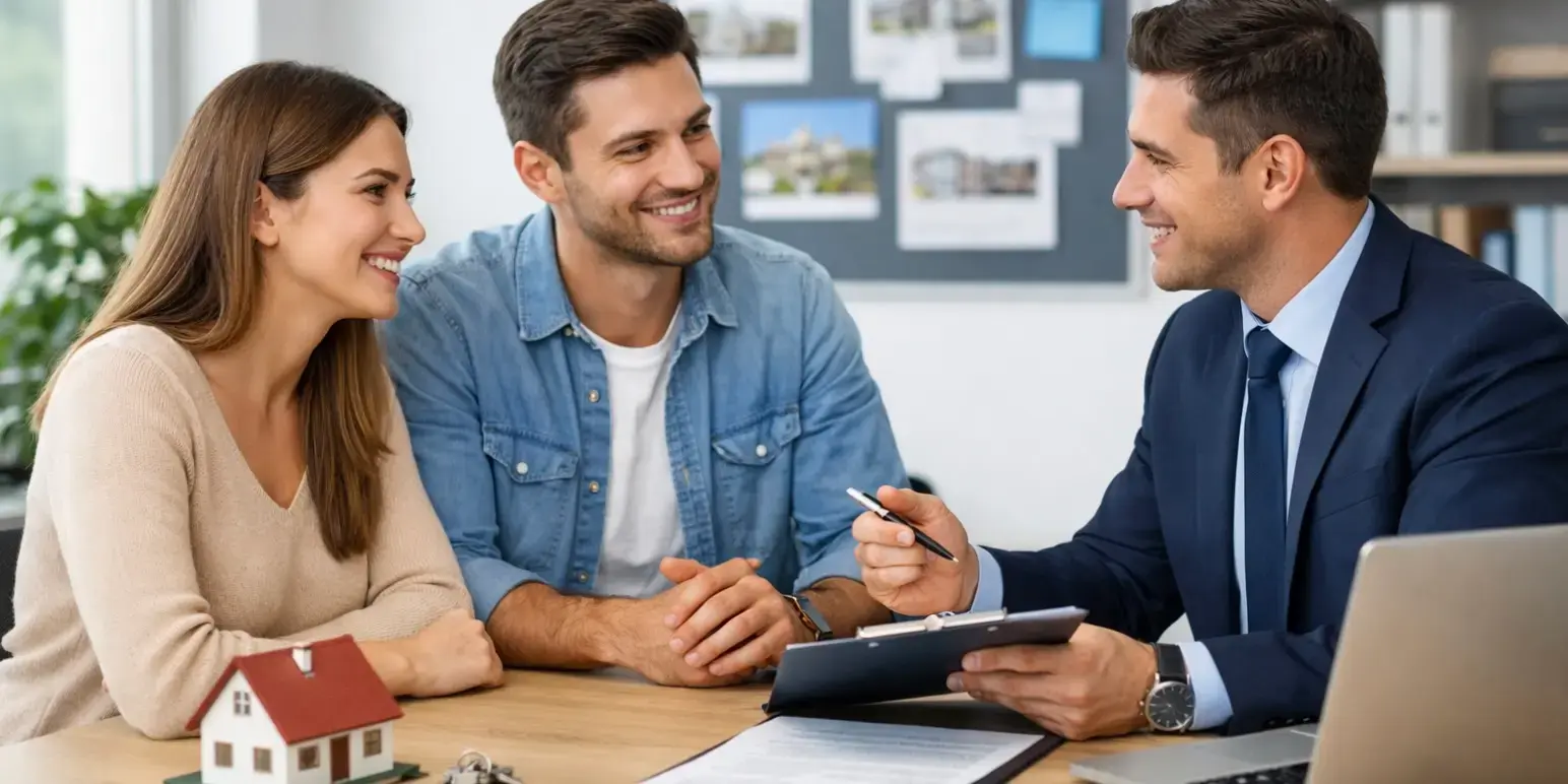 Pareja hablando con un asesor inmobiliario para comprar su casa