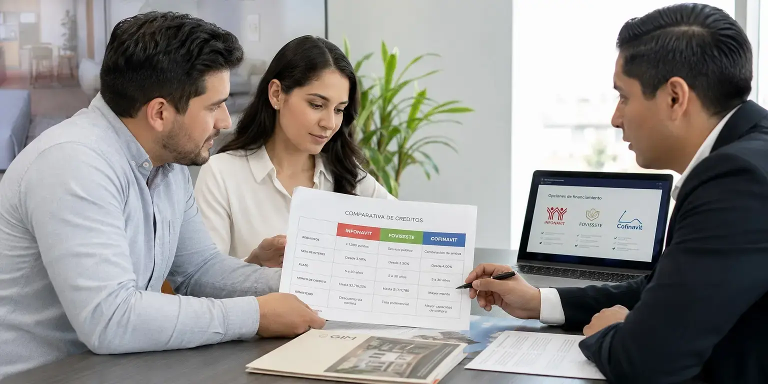 Pareja reunida con un asesor inmobiliario en una oficina moderna, comparando opciones de financiamiento como Infonavit, FOVISSSTE y Cofinavit. Están revisando documentos, tablas comparativas