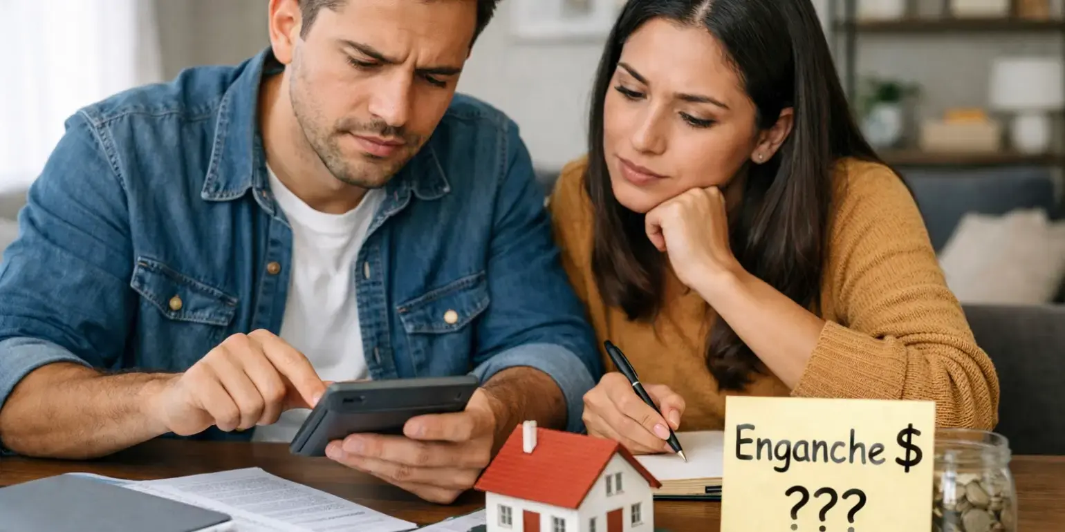 Pareja revisando cuanto tiene que dar de enganche para comprar casa