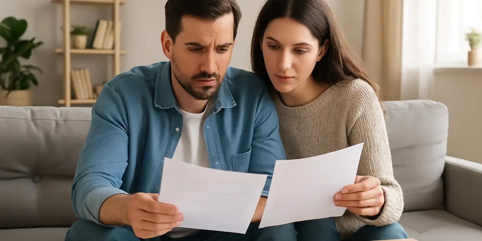 Pareja revisando documentos en la mesita de la sala de la casa