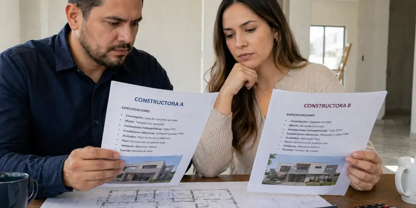 Pareja revisando los documentos de 2 constructoras para comprar casa