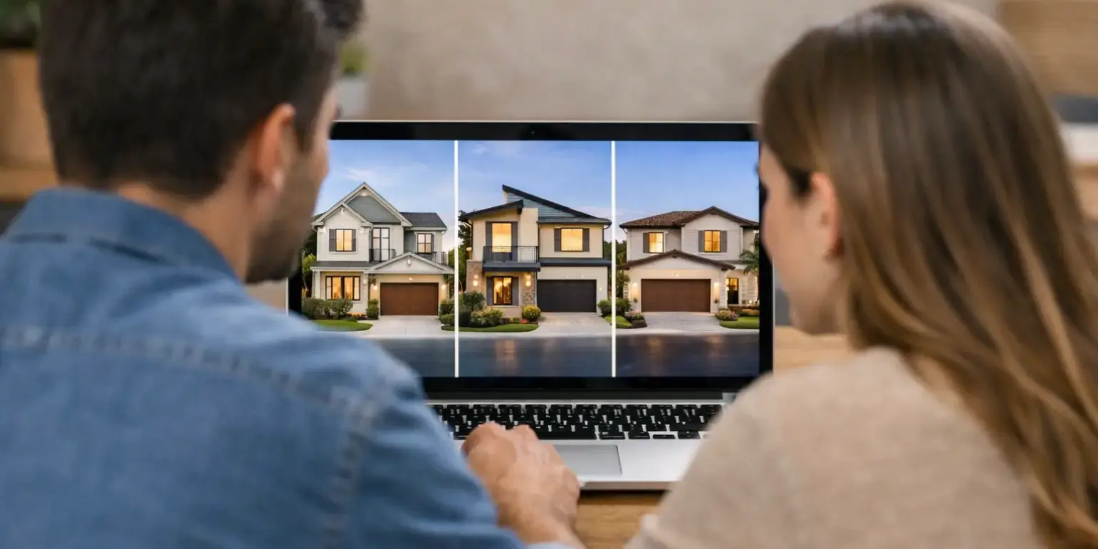 Pareja viendo en una computadora 3 opciones de casas de un desarrollo para comprar