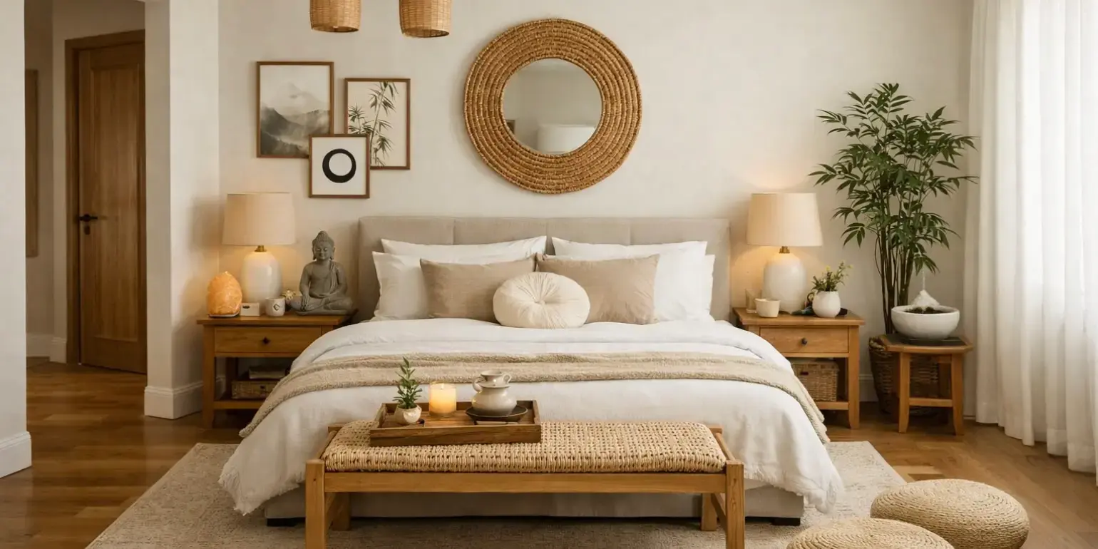Recmara con decoracin feng shui con colores neutros y los pies de la cama no dan direccion a la puerta