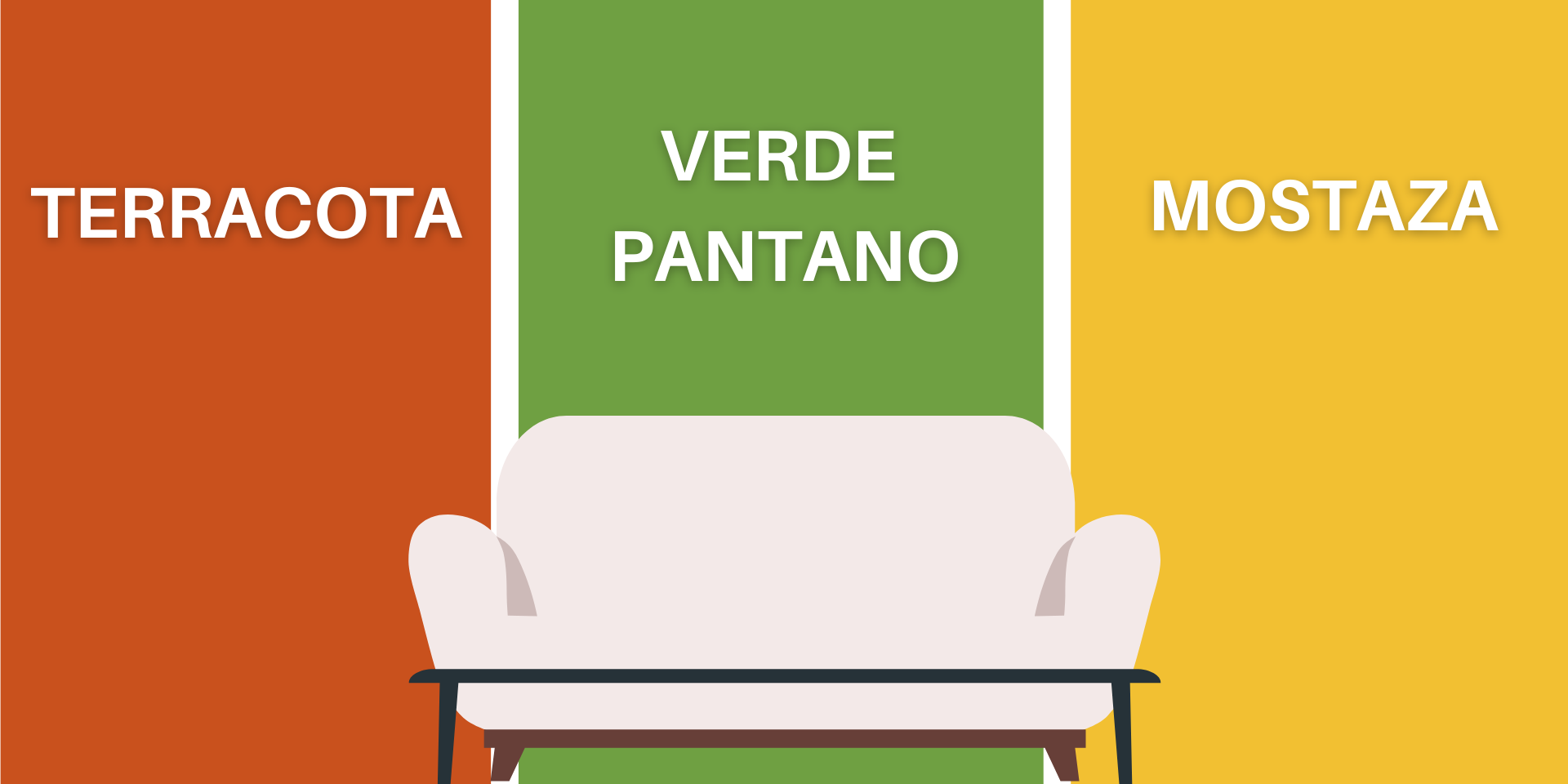 Ejemplo de colores no neutros para pintar pared de tu propia casa. Terracota, verde pantano, mostaza.