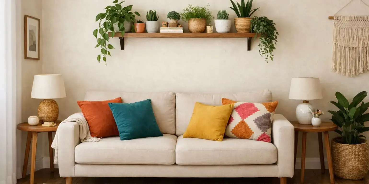 Sala de una casa pequea con paleta de colores en tonos crema las paredes con cojines de colores y una repisa con plantas