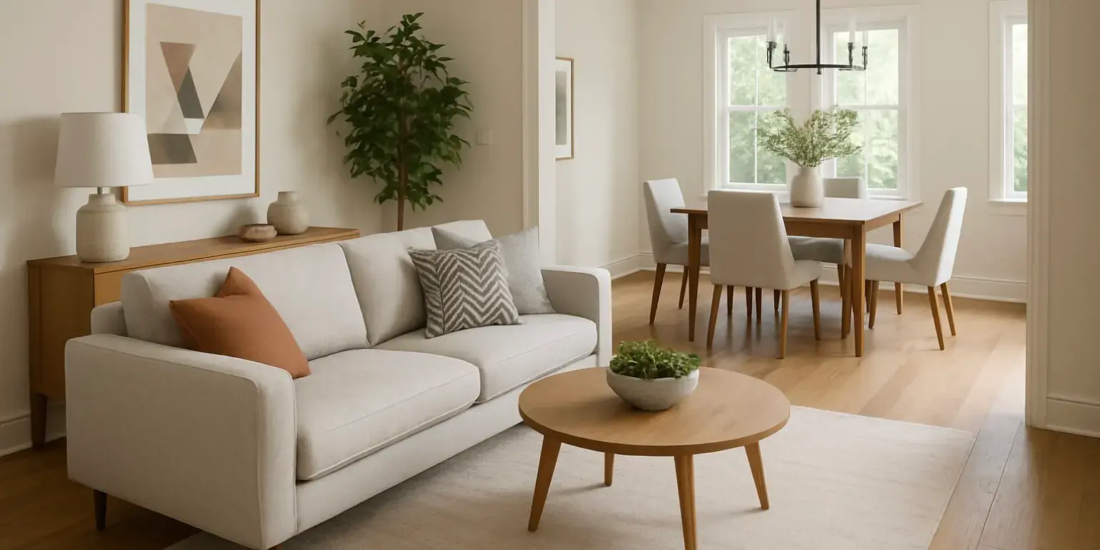 Sala y comedor de una casa bien distribuidas y separadas 