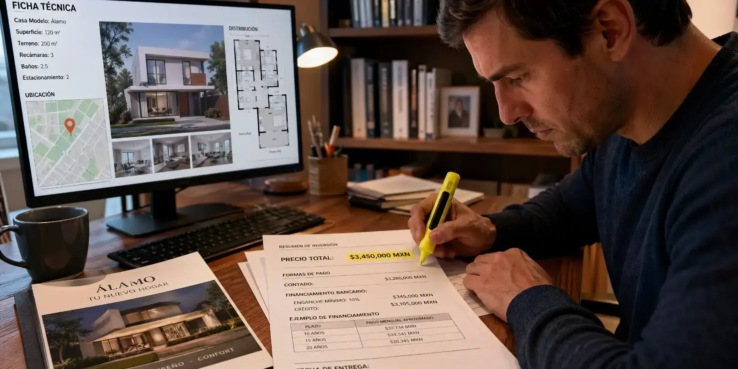 Un hombre revisa cuidadosamente la información de una vivienda en su computadora o en documentos impresos. Analiza la descripción exacta del inmueble, incluyendo características como ubicación, dimensiones, distribución y amenida