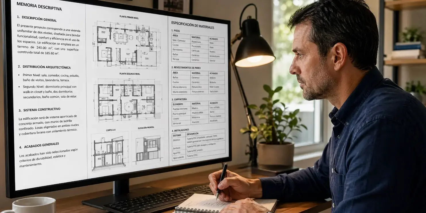 Un hombre revisa detenidamente en su computadora la memoria descriptiva o técnica de un proyecto de vivienda. En la pantalla se observan documentos con planos, descripciones de la construcción y detalles técnicos