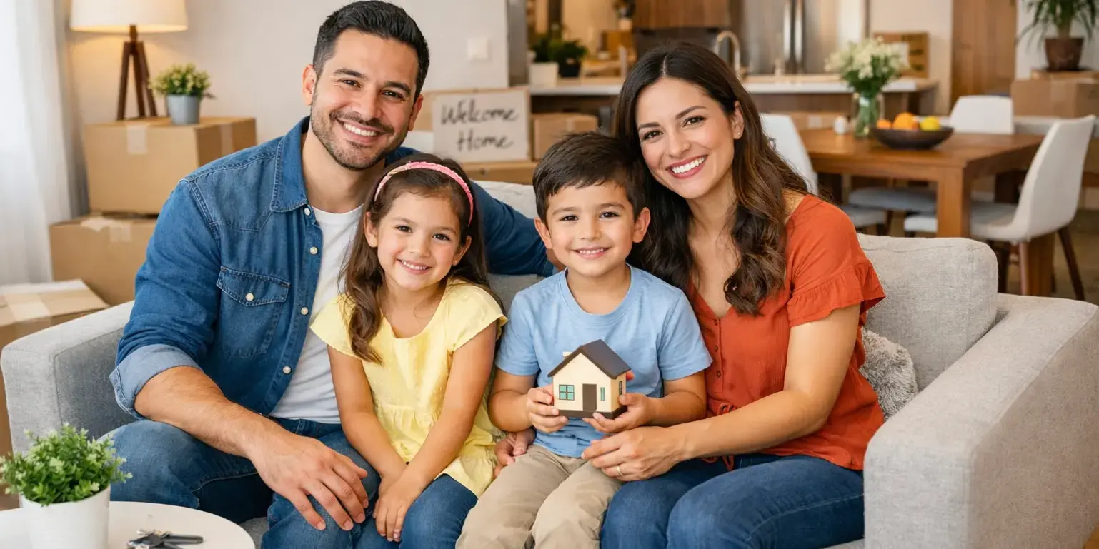 Una familia feliz en la sala comedor de su nueva casa