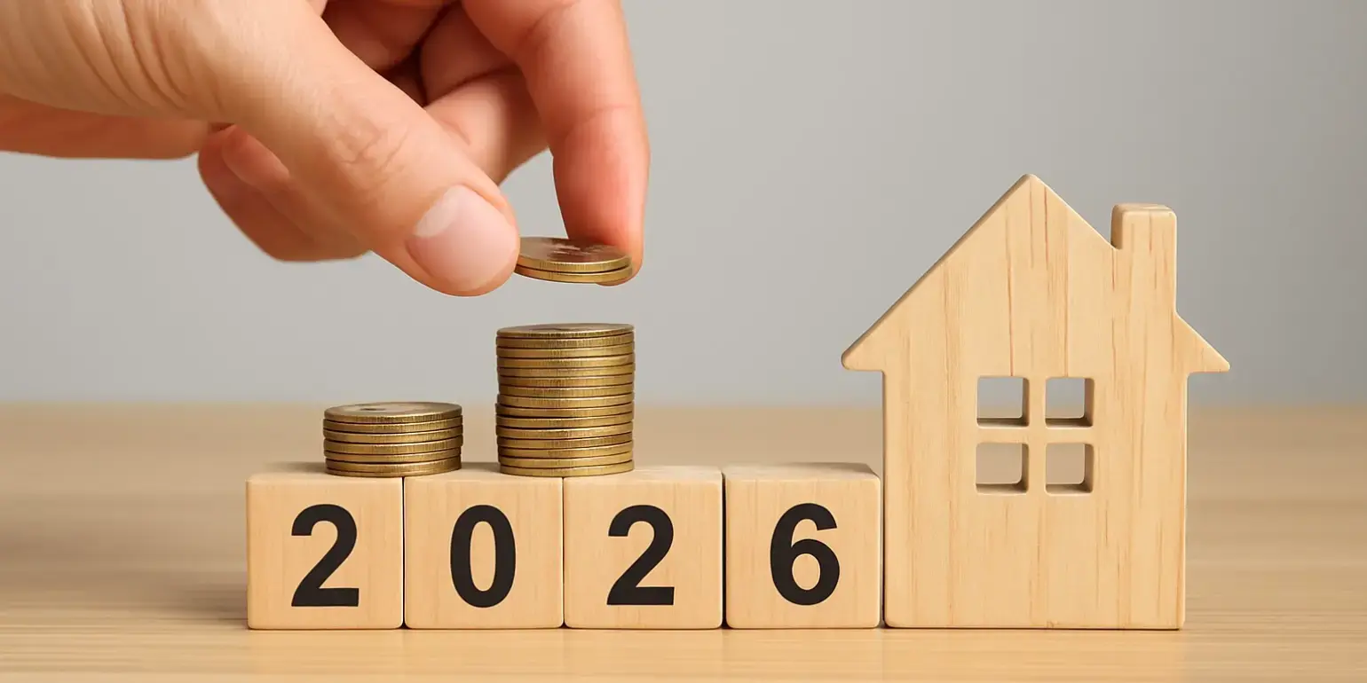Una mano poniendo unas monedas sobre unos cuadros de madera que dicen 2026 y a lado una casa de madera