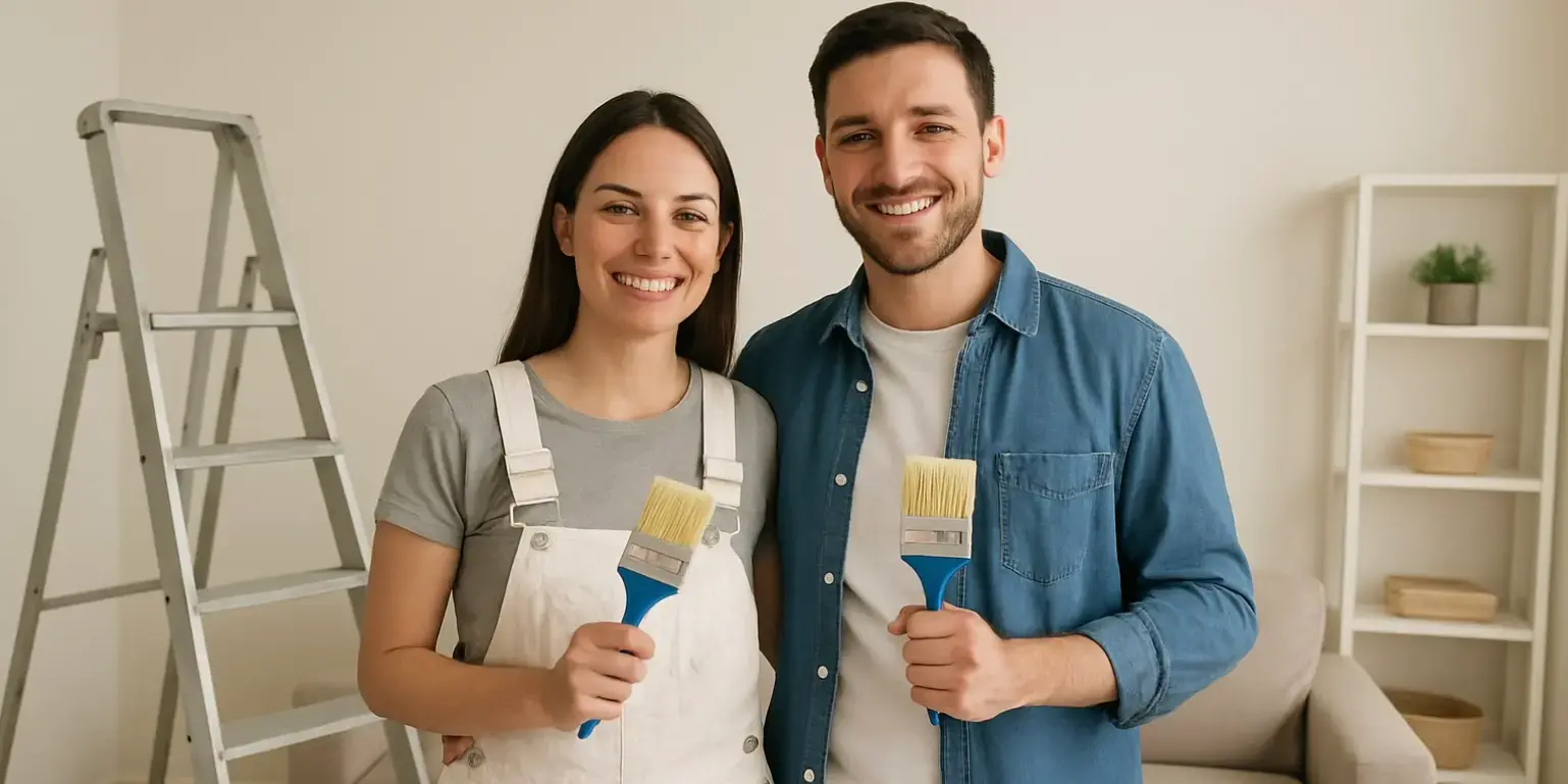 Una pareja en la sala de su casa con una escalera y ropa para pintar las paredes de la casa adems estn sosteniendo unas brochas