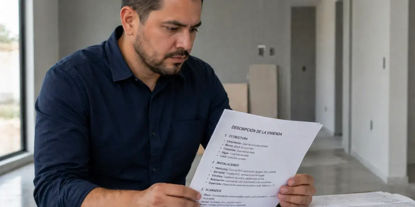 Hombre viendo documentos con Descripción de estructura, instalaciones y acabados de la casa