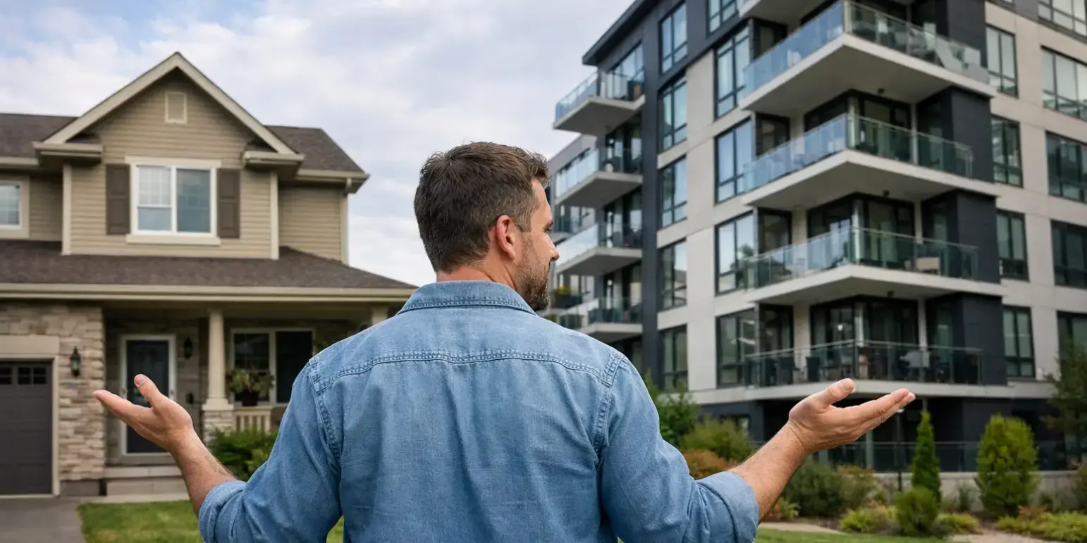 Hombre comparando una casa residencial con un departamento no ilustracion