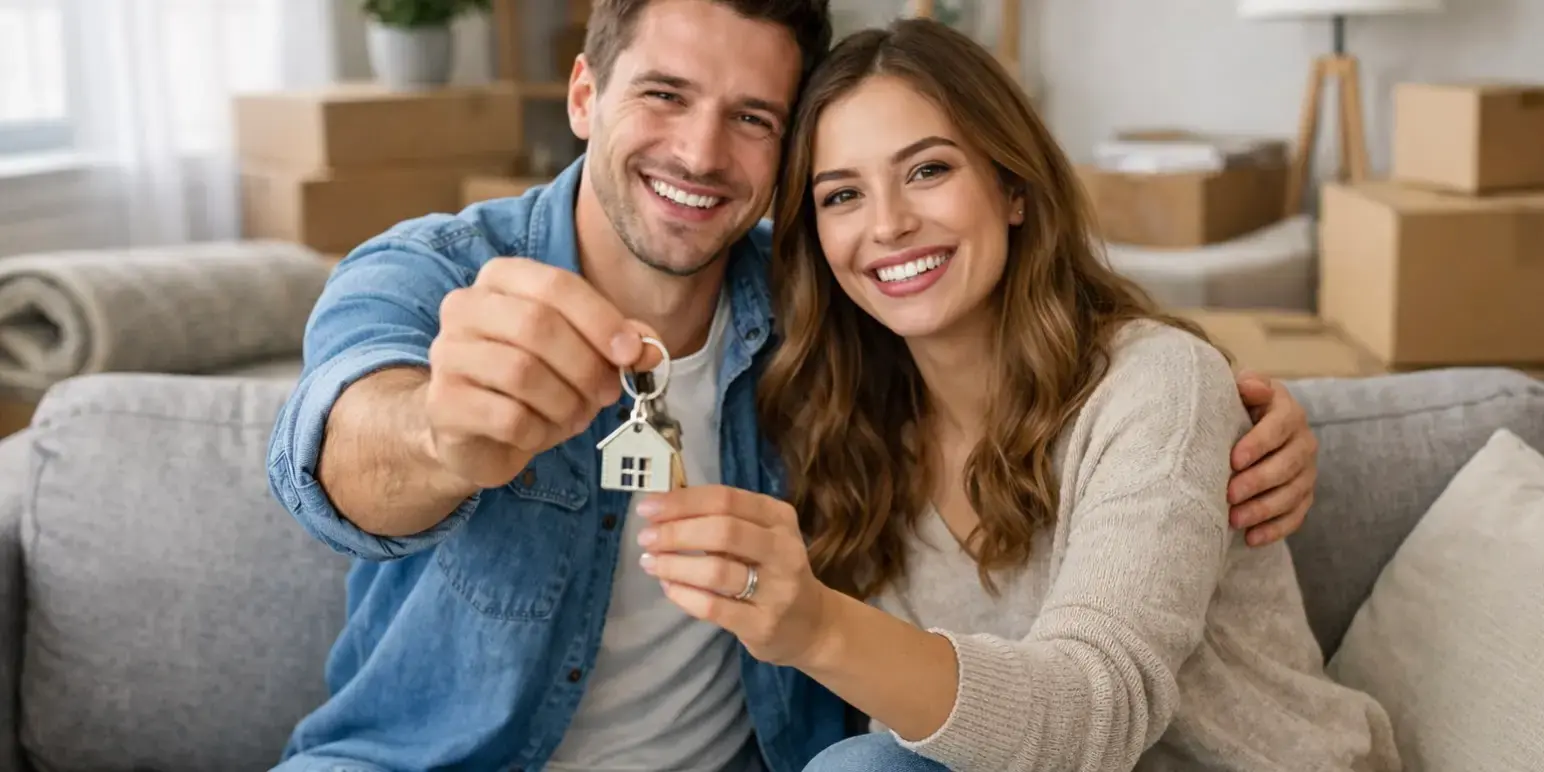 imagen de una pareja feliz en la sala de su nueva casa enseando las llaves