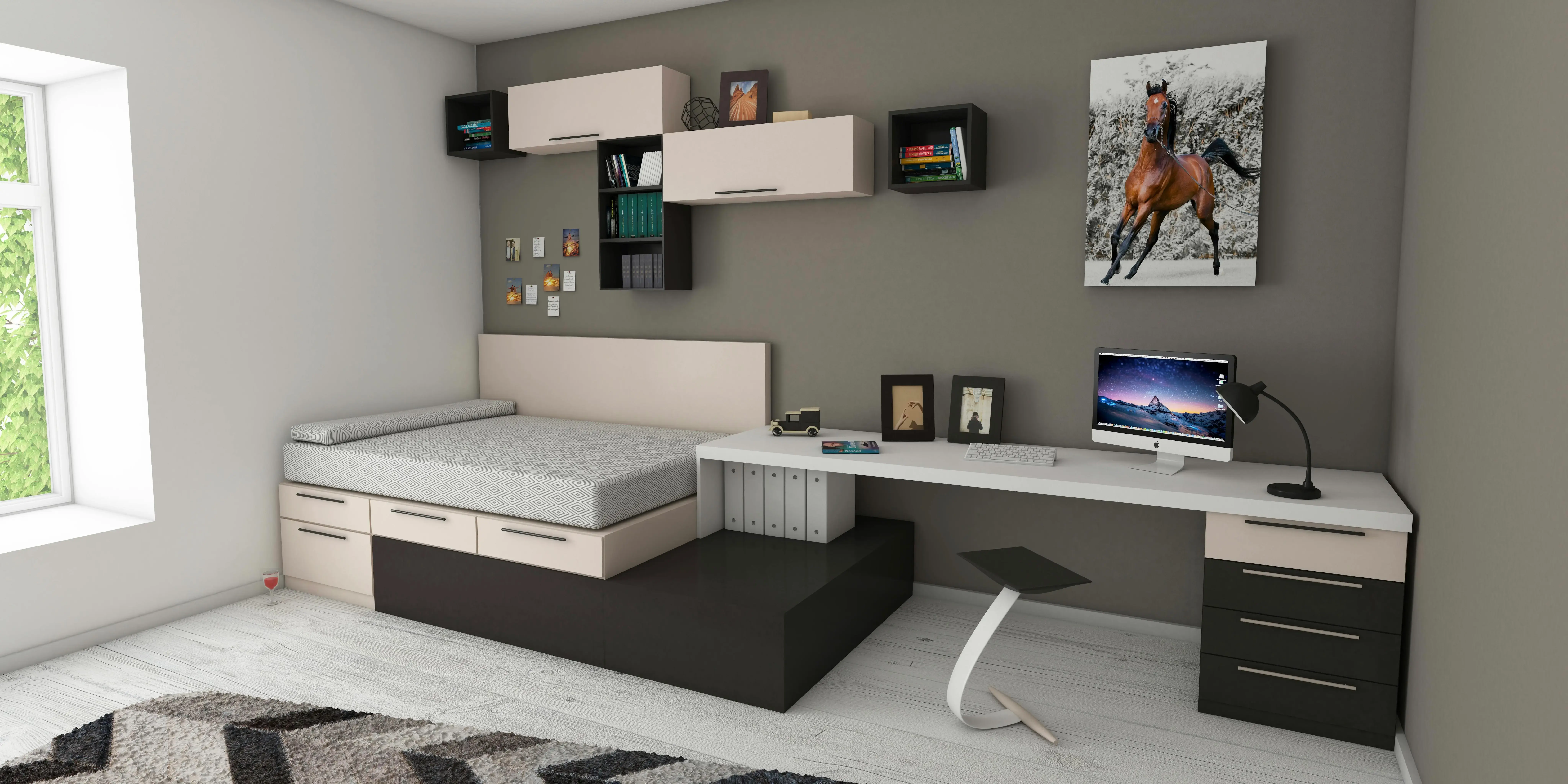 Cama con escritorio. Muebles multifuncionales