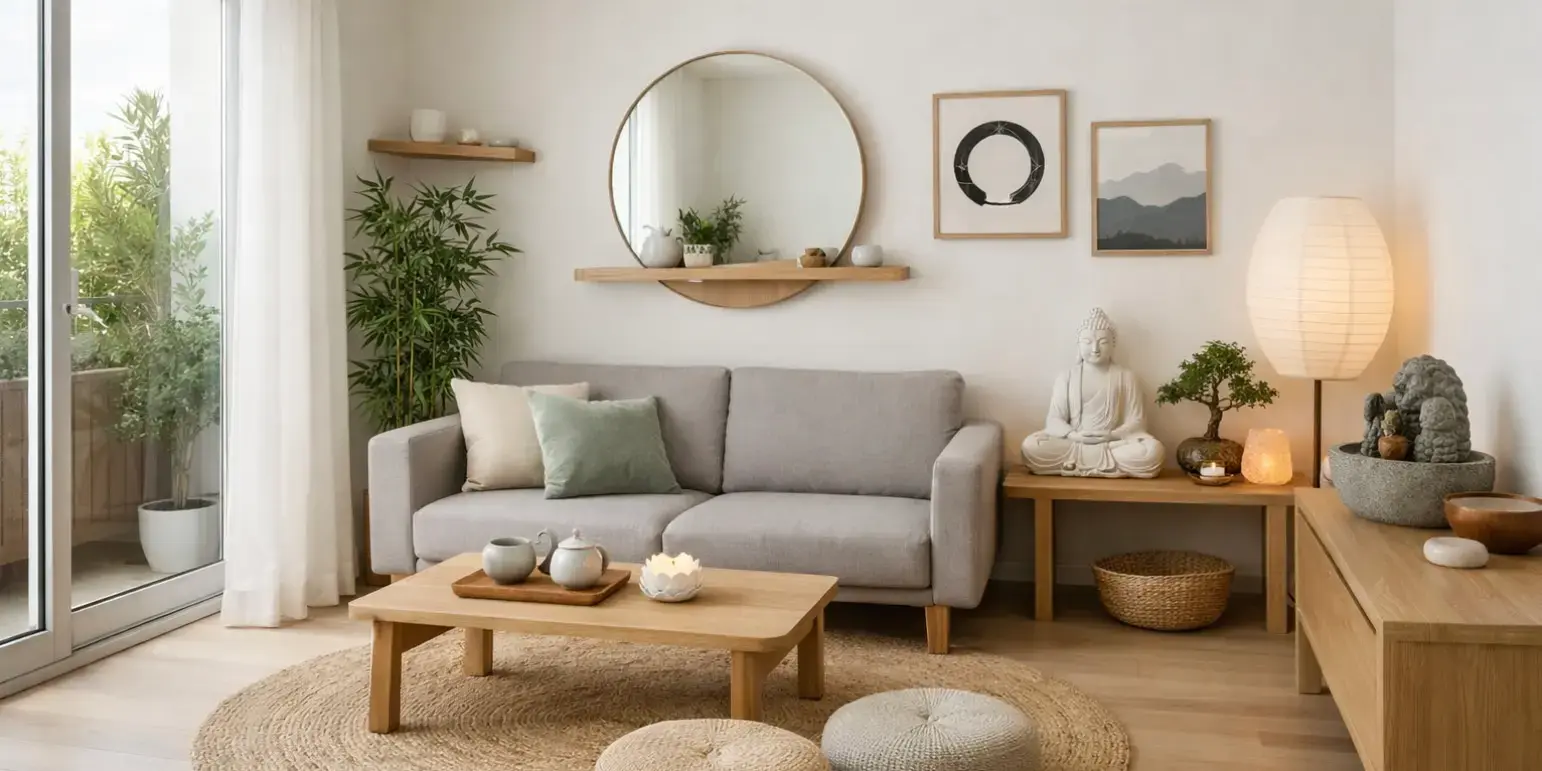 sala de una casa moderna decorada con feng shui minimalista