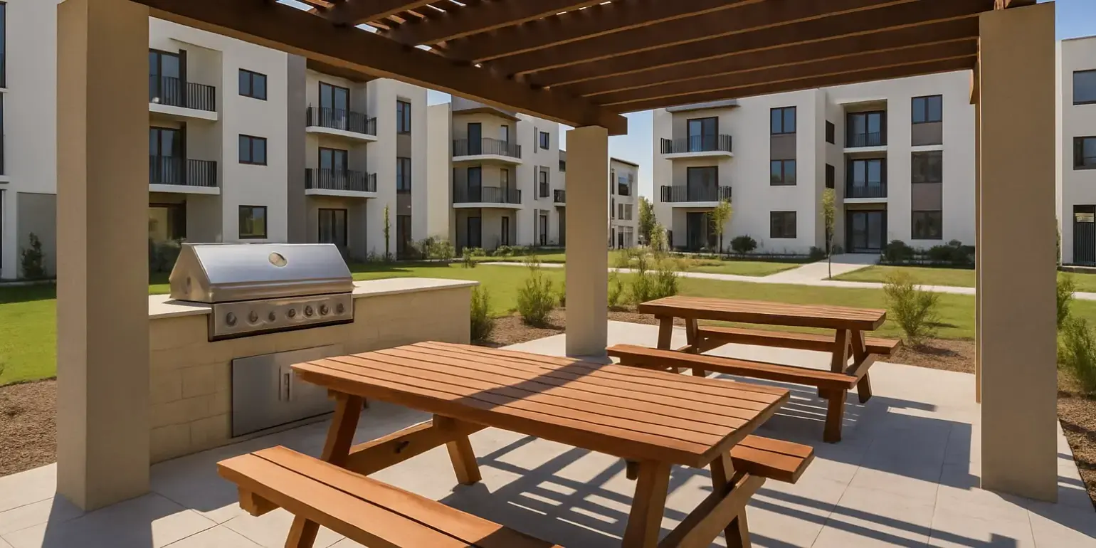 un asador y mesas con una pergola de un desarrollo residencial